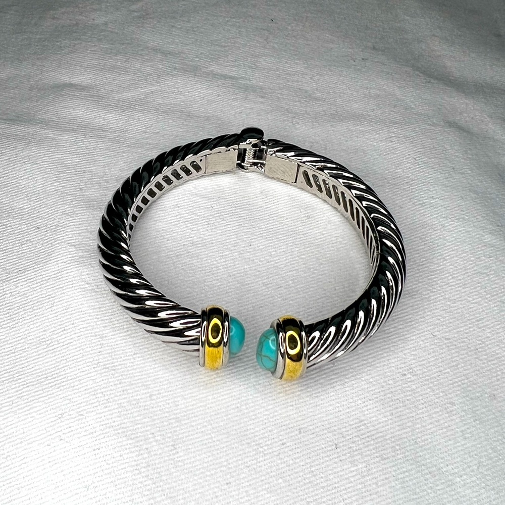 Meshmerise Two-tone Twisted Cable Turquoise Cuff Bracelet